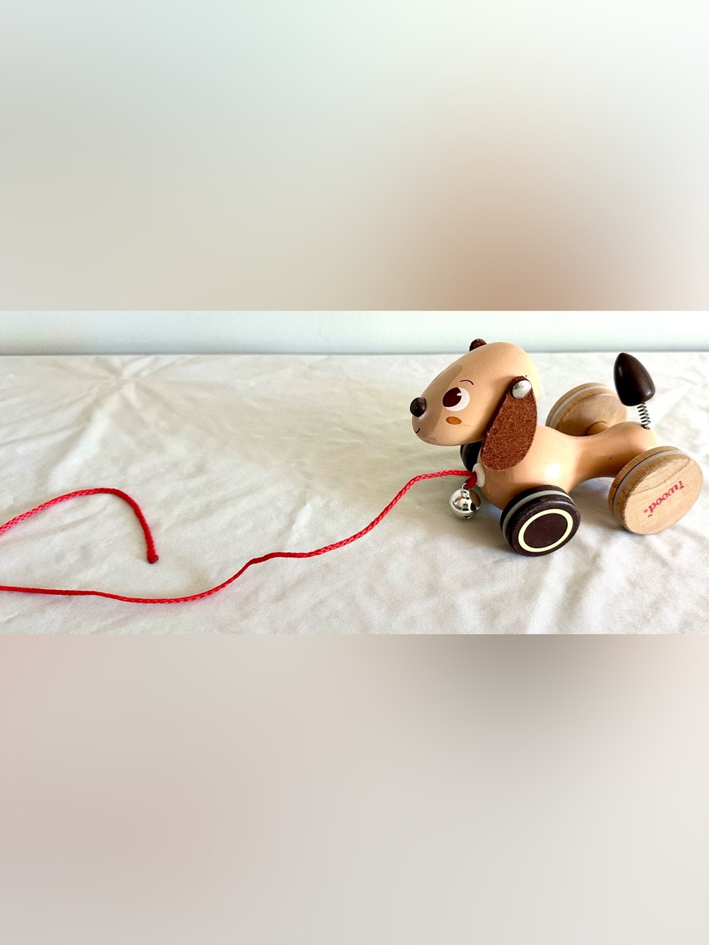 iWood Wooden Pull Along Dog Toy on Wheels Red String Bell Preschool Toddler Toy